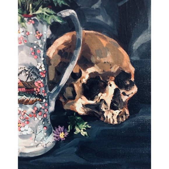 Floral Still Life Skull 20x24 Acrylic on Linen In Wood Mid century Modern Frame - Picture 6 of 7